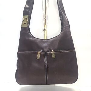 Vintage Aurielle Dark Brown-Bordeaux Leather Shoulder Bag Gold Accents Pre Loved